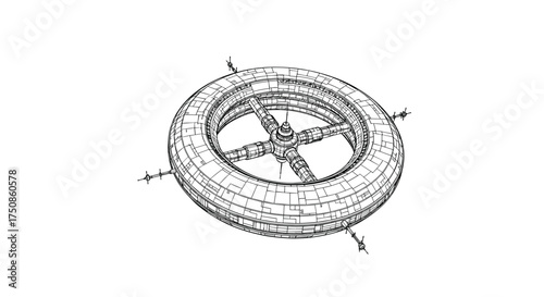Intricate line drawing of a futuristic space station with detailed panels and antennas, perfect for science fiction concepts or architectural designs