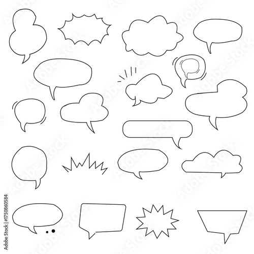 Collection of hand drawn doodle speech bubbles and thought clouds in black outline on white background