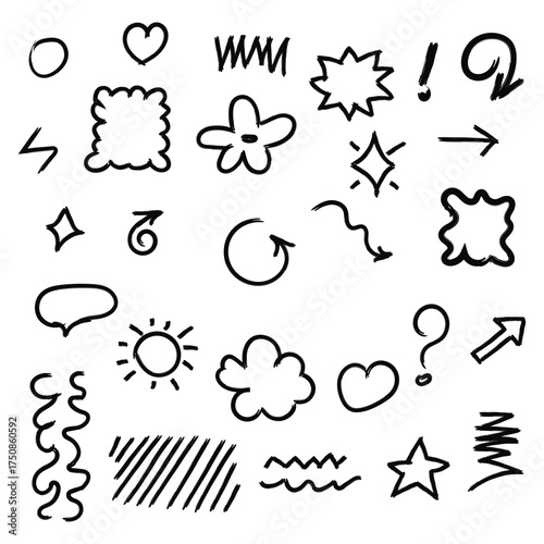 Collection of hand drawn doodle icons and symbols for creative design projects