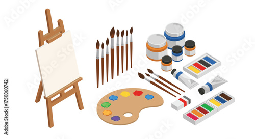 Inspiring artist's tools and blank canvas on easel ready for a creative masterpiece with vibrant paints, brushes, and a palette of colorful inspiration