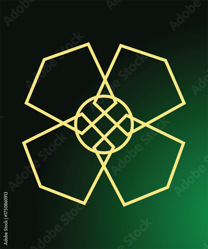 Golden geometric floral ornament with interlaced pentagon shapes and circular lattice center on dark green gradient background symbolizing harmony symmetry and elegant modern abstract concept