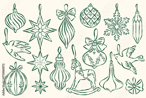 Christmas ornament doodles collection. Art for greeting cards, wedding invitations, poster design, postcards, branding, logo design, background.