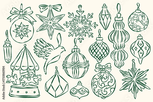 Christmas ornament doodles collection. Art for greeting cards, wedding invitations, poster design, postcards, branding, logo design, background.