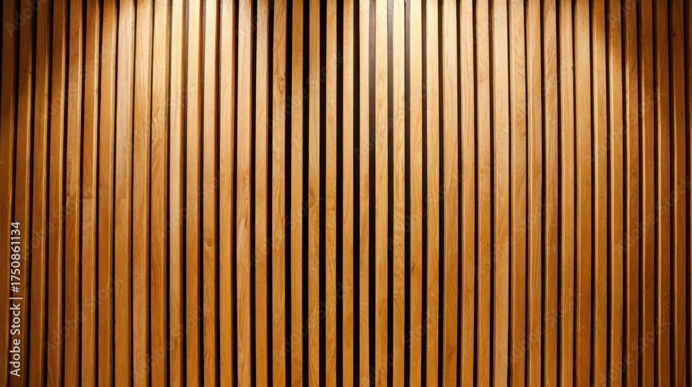 Obraz premium Vertical wooden slats in warm tones form a stylish backdrop enhancing the ambiance of a contemporary indoor environment. The design emphasizes natural materials and modern aesthetics.