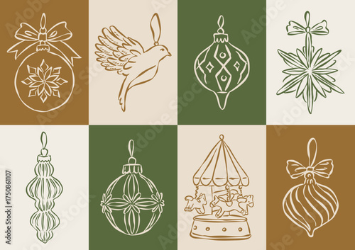 Christmas ornament doodles collection. Art for greeting cards, wedding invitations, poster design, postcards, branding, logo design, background.