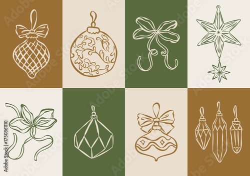 Christmas ornament doodles collection. Art for greeting cards, wedding invitations, poster design, postcards, branding, logo design, background.