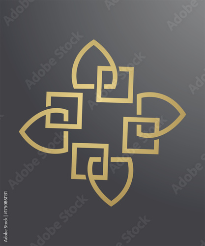 Elegant golden geometric ornament with interlaced square and leaf shapes on dark gradient background perfect for luxury decoration islamic art template logo or contemporary abstract design concept