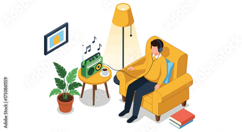 Relaxing at home with retro music and coffee, perfect for cozy lifestyle content or advertising modern comfort with a touch of vintage charm