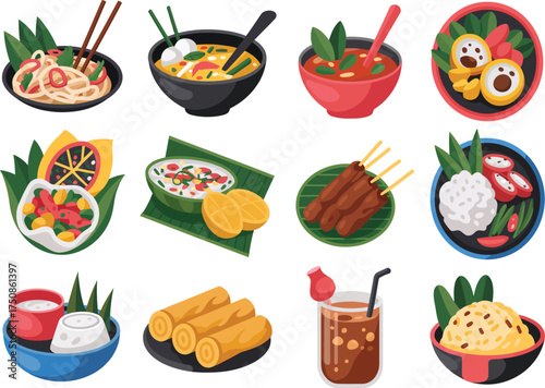 Collection of delicious asian food dishes and drinks