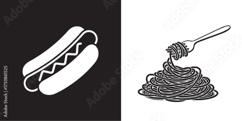 Monochromatic Food Icons: Hot Dog and Spaghetti Line Art Illustration