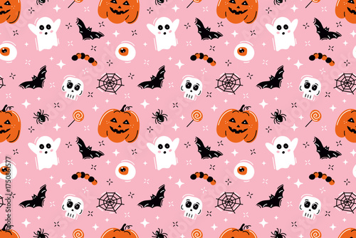 Seamless Halloween pattern. Doodle ghost and pumpkin, bat, spiderweb, and skull. Pink background. Design for wrapping paper, textiles, fabric, and clothing. Vector illustration.
