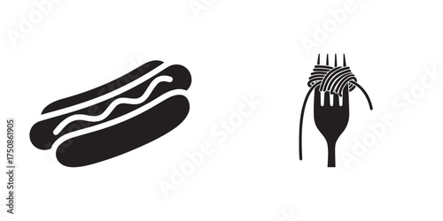 Black and White Vector Icons of Hot Dog and Spaghetti Fork