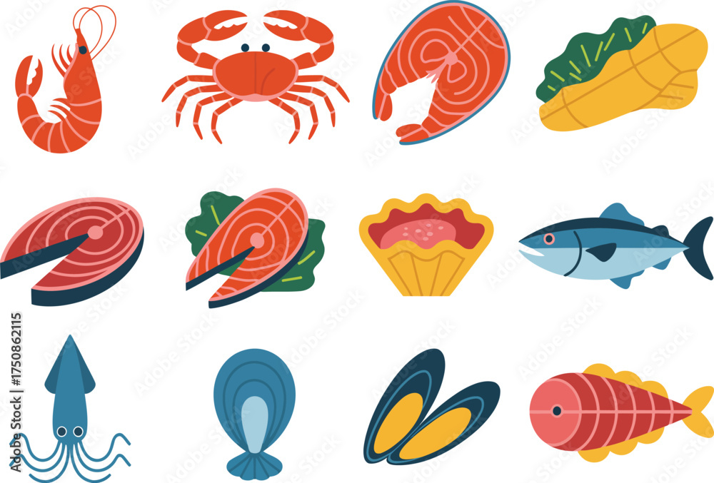 Naklejka premium Collection of fresh seafood and fish illustrations on white background