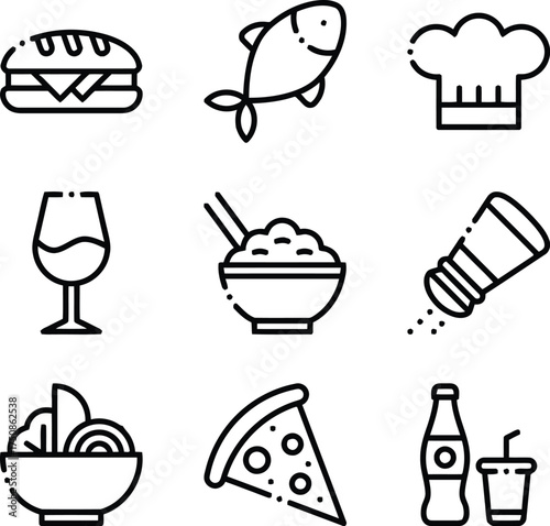 Black and white line icons of food items including sandwich, fish, chef hat, wine, rice bowl, salt shaker, salad, pizza, and soda