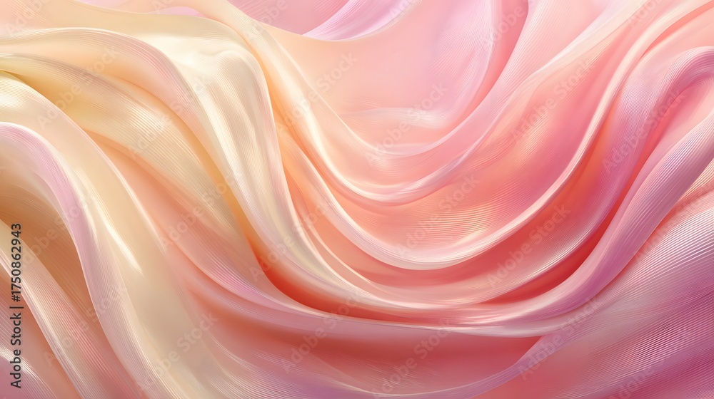 Fototapeta premium Pearlescent fabric with flowing waves of pink and peach hues.