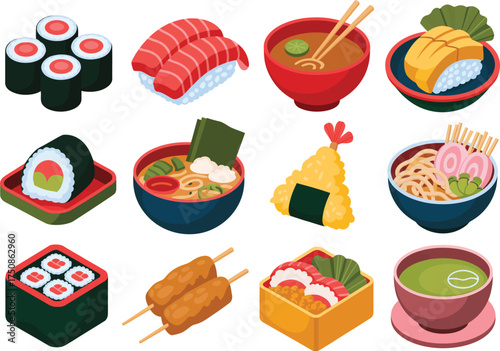 Variety of delicious japanese food dishes and sushi assortment