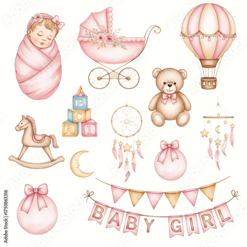 watercolor baby pink elements set collection