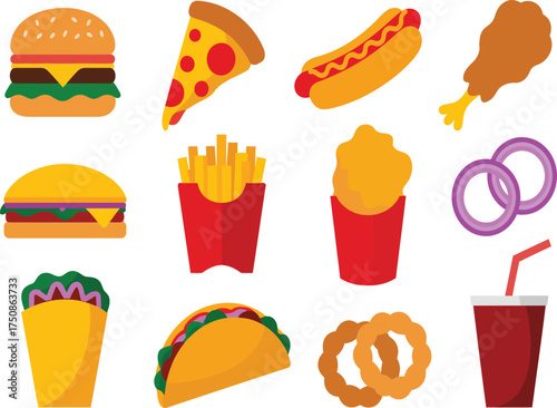 Collection of popular fast food items including burgers pizza fries and drinks