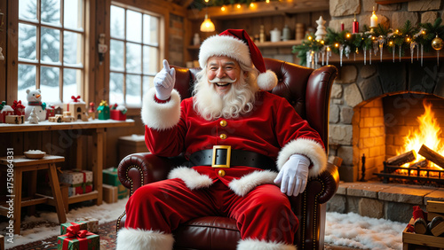 Santa Claus, wearing his traditional red suit with white fur trim, gives a thumbs-up sign while sitting in a brown leather chair by a stone fireplace in a cozy wooden cottage with a decorated mantel a