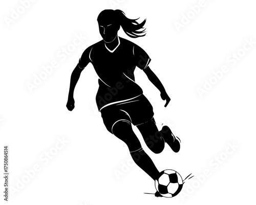 a female soccer player in action, depicted in silhouetteball, black, football, football player, girl, illustration, kick, play, profile, run, woman 