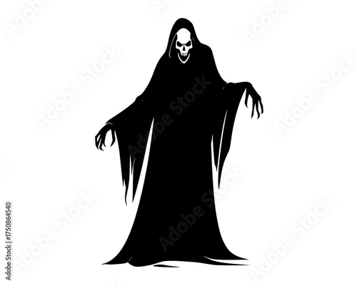a black and white silhouette of a grim reaperblack, cape, cloak, death, ghost, halloween, harvester, hood, illustration, profile, robe, vampire, veil, witch 
