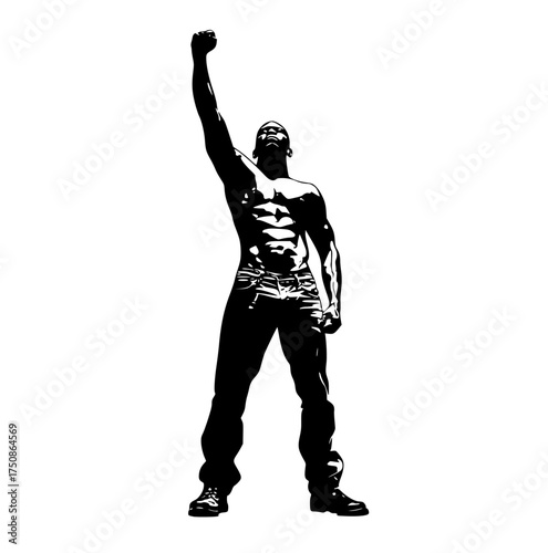 a muscular man raising his arm in a raised gesturearm, athletic, black, hand, man, muscle, pose, profile, stand, stretch 