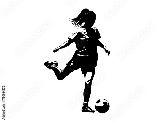 a silhouette of a girl kicking a soccer ballball, black, football, football player, girl, kick, play, profile, woman 