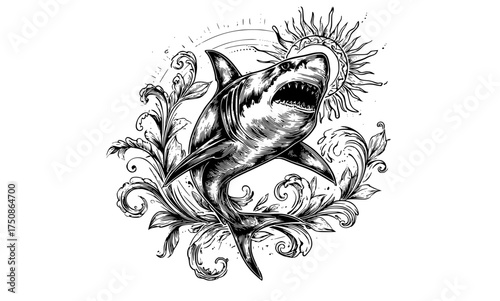 a stylized drawing of a great white shark with an open mouth surrounded by floral elementsart, drawing, illustration, jaw, jump, mouth, open, sea, shark, tattoo, white 