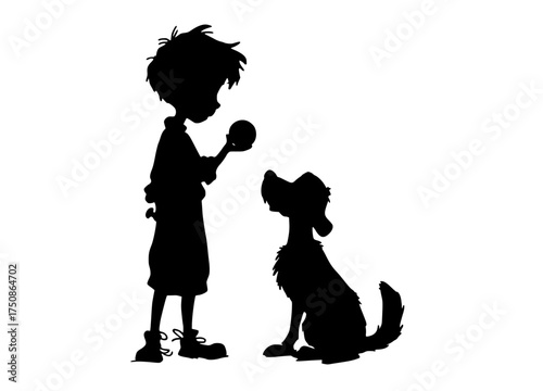 a silhouette of a boy and a dog, both in black against a plain transparent backgroundboy, child, dog, girl, pet, play, profile, toy 