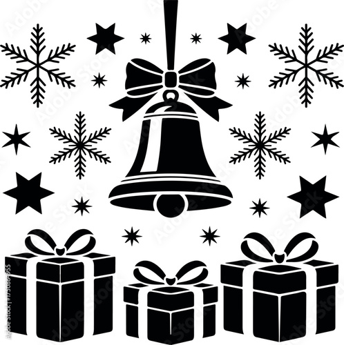 Christmas Celebration Icon Set – Bells, Gifts, Snowflakes & Stars. Minimalist Christmas Icon Pack – Winter Snowflake and Present Designs. Stylish Christmas Icon Collection – Bells, Stars, and Gift Box