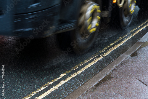 Lorry driving on a rainy day