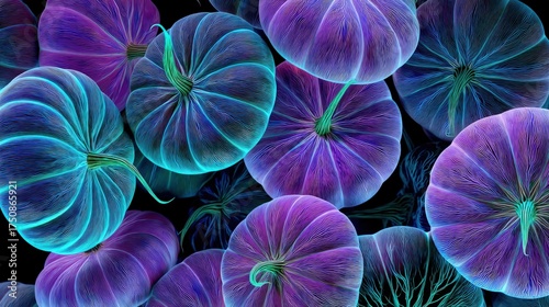 A bunch of purple and blue pumpkins