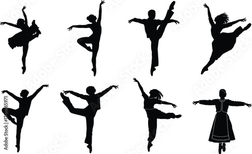 Ballet dancer silhouettes, graceful poses, classical dance art, male and female performers, elegant movement, black figures, white background, expressive choreography