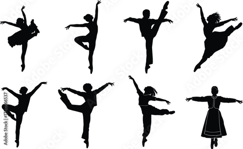Ballet dancer silhouettes, graceful poses, arabesque, pirouette, classical dance, elegant movement, folk costume, expressive choreography, artistic performance, black background
