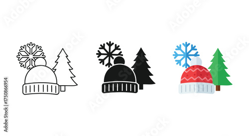 Winter hat and tree with snowflake in outline, silhouette, and color isolated on white