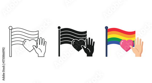 Pride flag with hand and heart icon in outline, silhouette, and color