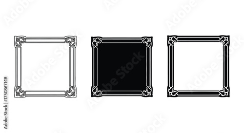 Three ornate square frames, one black, two white