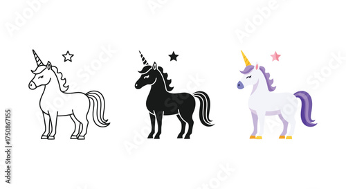 Three unicorn illustrations outline, silhouette, and colorful