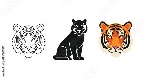 An isolated, cartoon-style tiger head vector illustration of a wild, striped feline animal on a white background
