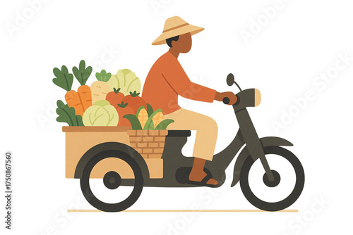 farmer riding scooter with vegetables clip art preview