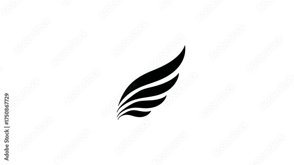 Fototapeta premium Stylized black wing graphic on white background, symbol of freedom, flight, speed, and elegance. Simple vector icon design.