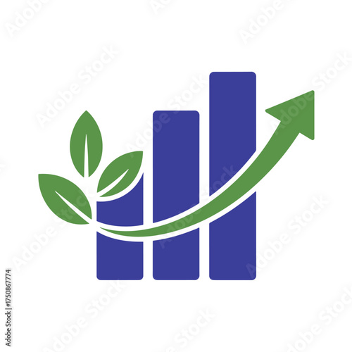 Green leaves and upward arrow graph with blue bars growth business