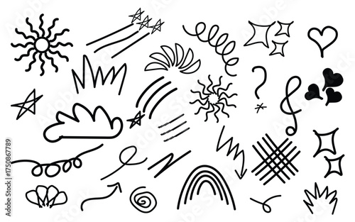 playful doodle elements collection, abstract hand drawn sketch icons, cute minimal doodle art set