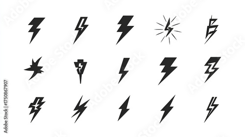 Lightning bolt icon. Flash symbol, thunderbolt, blitz lightnings strike sign. Electric energy black silhouettes, power concept. Vector isolated dynamic sports logo set Stock Vector