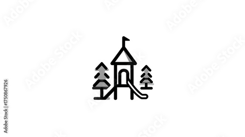 Minimalist outline icon of a children's playground with a tower, slide, and evergreen trees. Kids play area vector graphic.