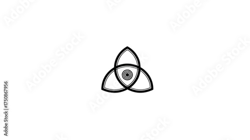 Geometric abstract symbol featuring three intertwined loops and a central eye, representing unity, spirituality, and mystery.