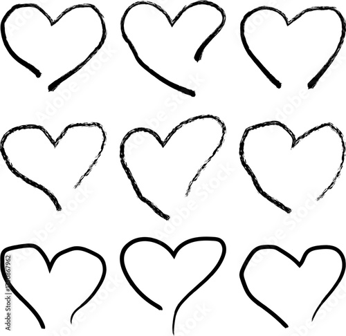 Collection of nine hand-drawn heart outlines simple stroke shapes for romantic or decorative use