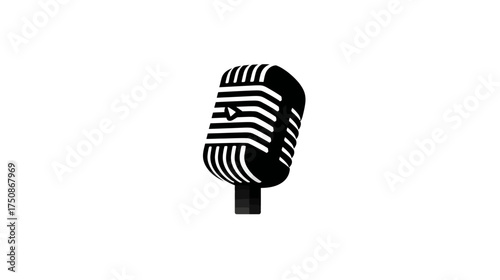 Retro vintage studio microphone icon with media play button symbol. Classic black and white audio recording equipment for podcast and broadcast.