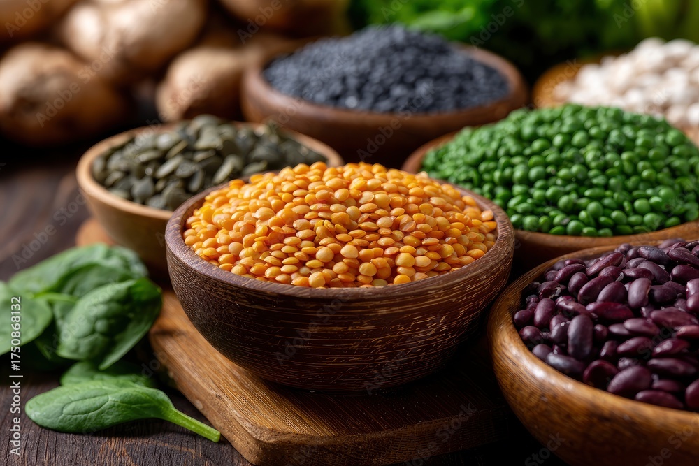 Fototapeta premium Bowls of lentils beans and peas are arranged on a wooden table with spinach leaves and mushrooms