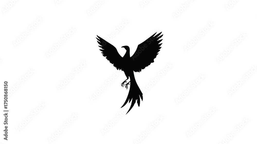 Fototapeta premium Graceful Black Bird Silhouette with Soaring Wings and Flowing Tail, Abstract Avian Art on White Background, Elegant Design Element